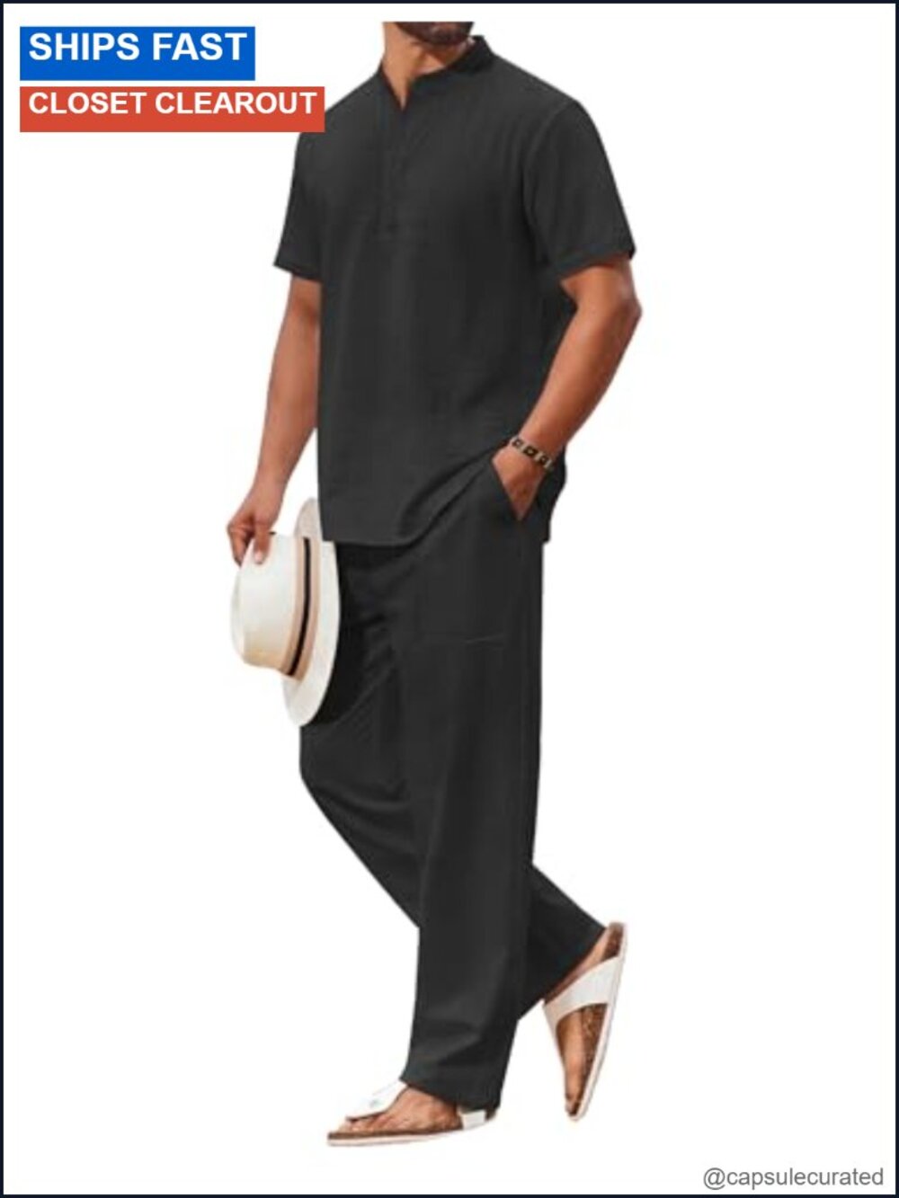 Men's 2 Piece Cotton Linen Look Outfit Set Henley Shirt & Beach Pants